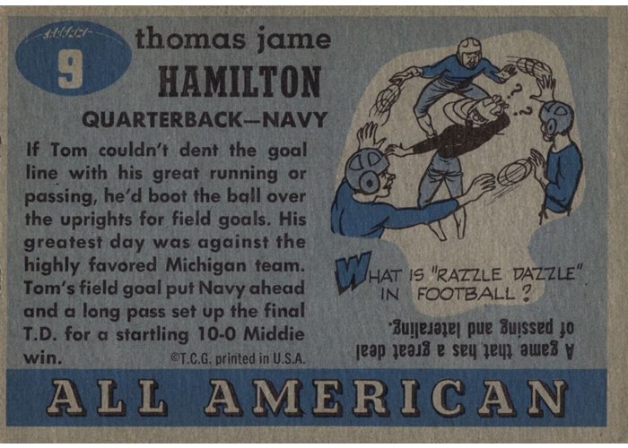 1955 Topps All-American #9 Tom Hamilton card back