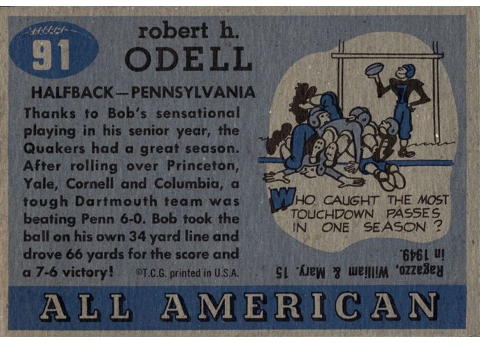 1955 Topps All-American #91 Bob Odell card back