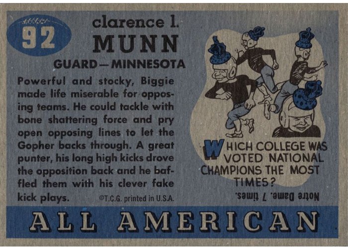 1955 Topps All-American #92 Biggie Munn card back