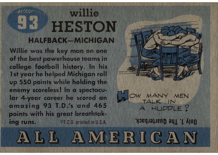 1955 Topps All-American #93 Willie Heston card back