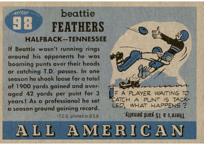 1955 Topps All-American #98 Beattie Feathers card back