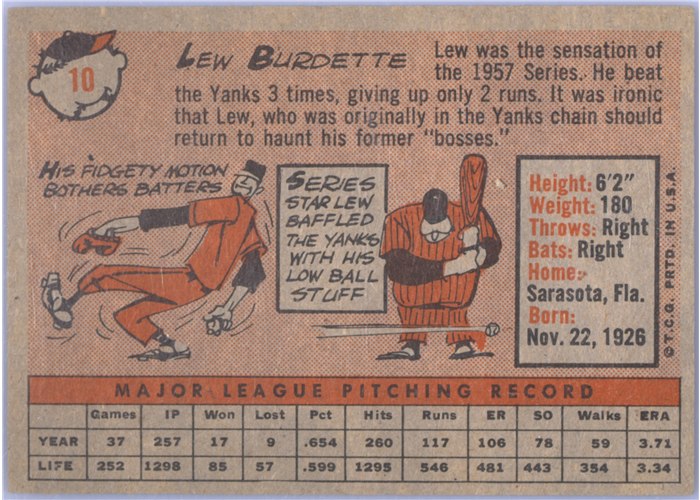 1958 Topps #10 Lou Burdette, Milwaukee Braves card back