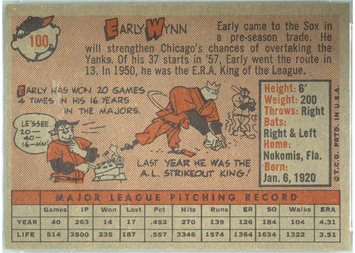 1958 Topps #100 Early Wynn, Chicago White Sox card back