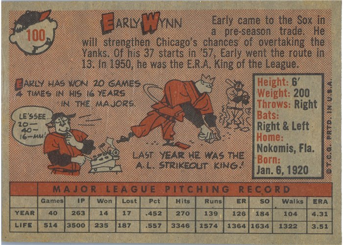 1958 Topps #100B Early Wynn, Chicago White Sox, Yellow Team variation card back