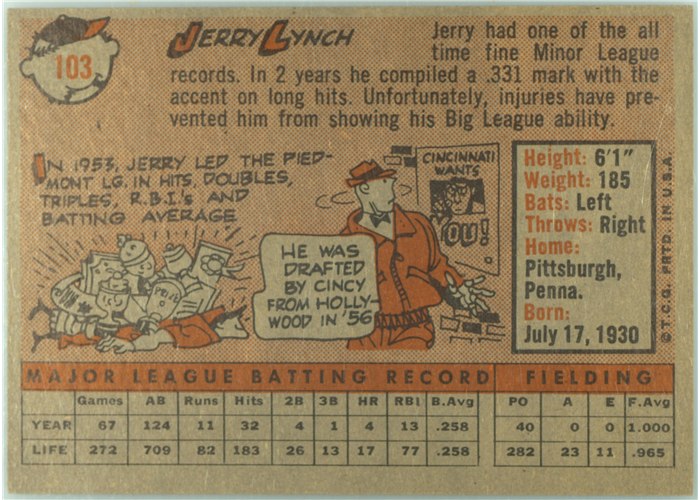 1958 Topps #103 Jerry Lynch, Cincinnati Reds card back