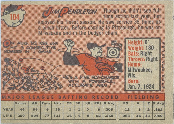 1958 Topps #104 Jim Pendleton, Pittsburgh Pirates card back