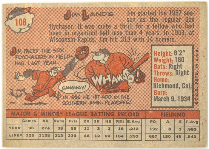 1958 Topps #108 Jim Landis, Chicago White Sox card back