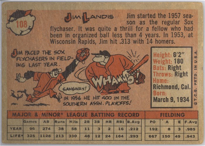 1958 Topps #108B Jim Landis, Chicago White Sox, Yellow Team variation card back