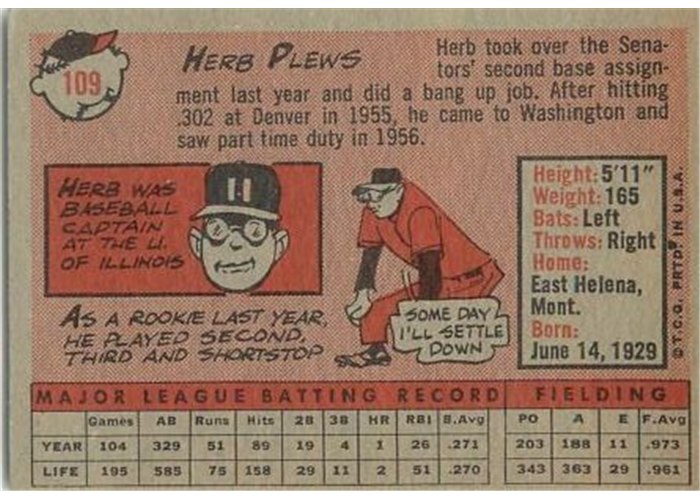 1958 Topps #109 Herb Plews, Washington Senators card back