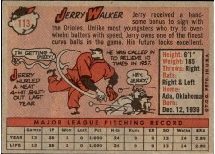 1958 Topps #113 Jerry Walker, Baltimore Orioles card back