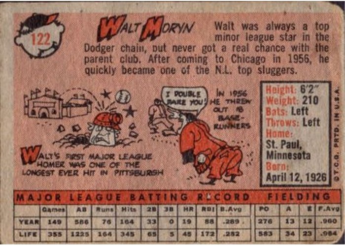 1958 Topps #122 Walt Moryn, Chicago Cubs card back