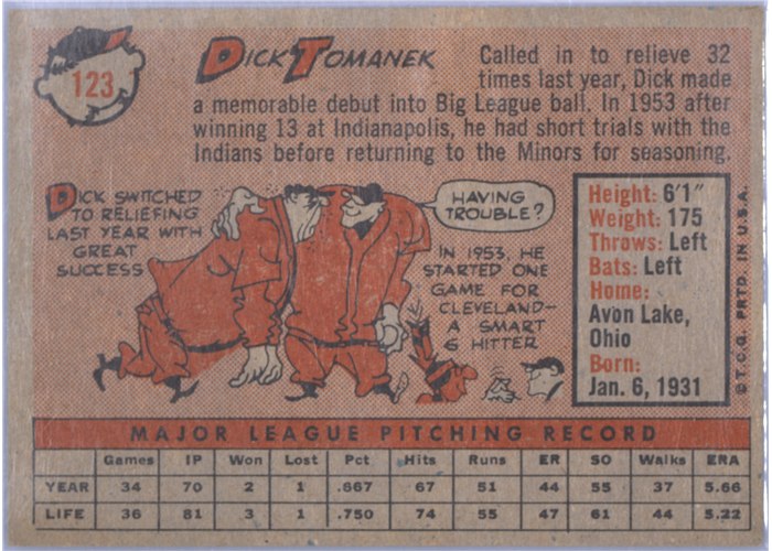 1958 Topps #123 Dick Tomanek, Cleveland Indians card back
