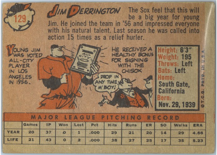 1958 Topps #129 Jim Derrington, Chicago White Sox card back