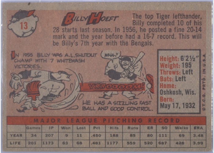 1958 Topps #13 Billy Hoeft, Detroit Tigers card back