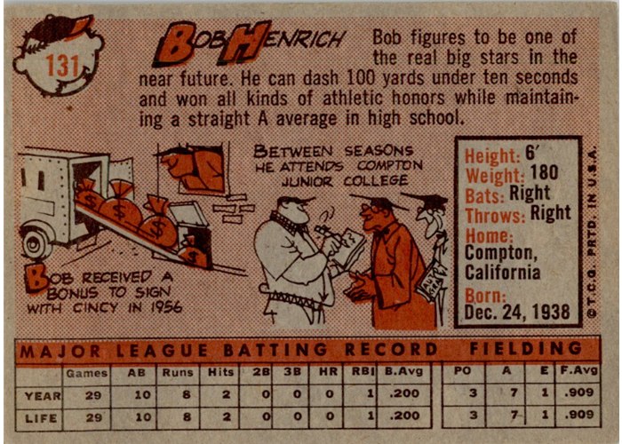 1958 Topps #131 Bob Henrich, Cincinnati Reds card back