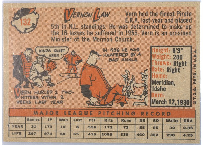 1958 Topps #132 Vern Law, Pittsburgh Pirates card back