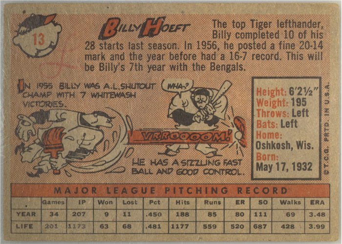 1958 Topps #13B Billy Hoeft, Detroit Tigers, Yellow Name variation card back