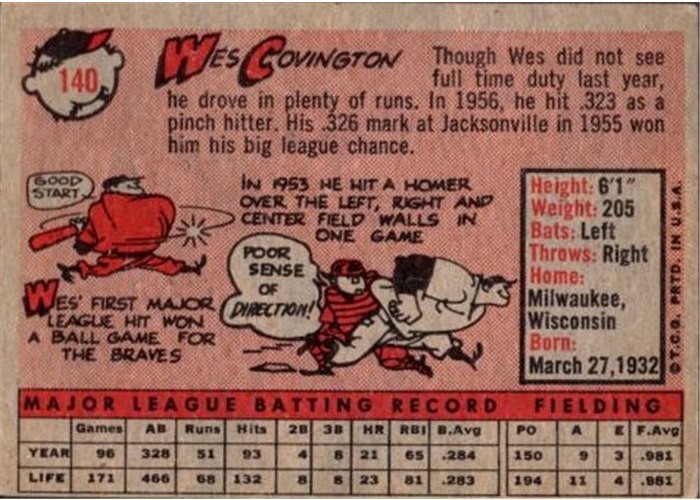 1958 Topps #140 Wes Covington, Milwaukee Braves card back
