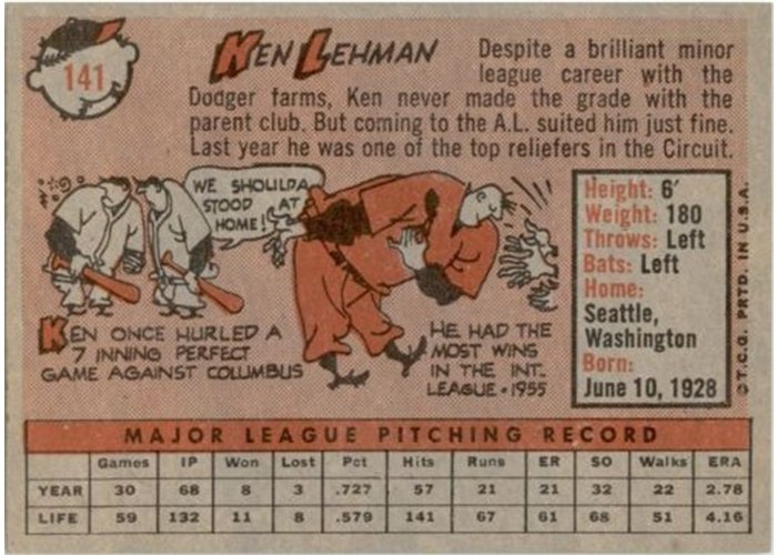 1958 Topps #141 Ken Lehman, Baltimore Orioles card back