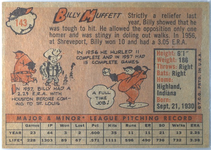 1958 Topps #143 Billy Muffett, St. Louis Cardinals card back