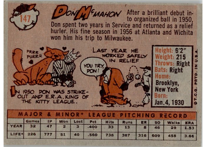 1958 Topps #147 Don McMahon, Milwaukee Braves card back