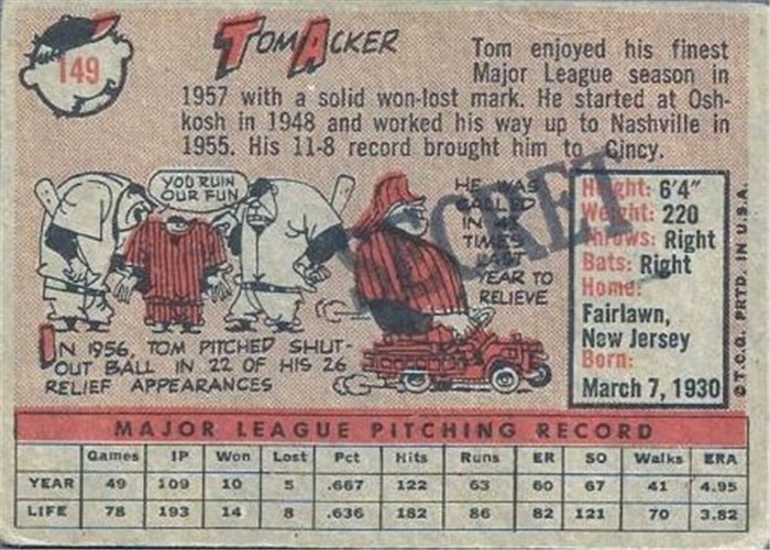 1958 Topps #149 Tom Acker, Cincinnati Reds card back