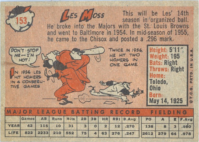 1958 Topps #153 Les Moss, Chicago White Sox card back