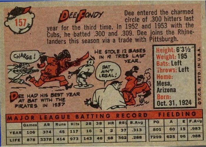 1958 Topps #157 Dee Fondy, Cincinnati Reds card back