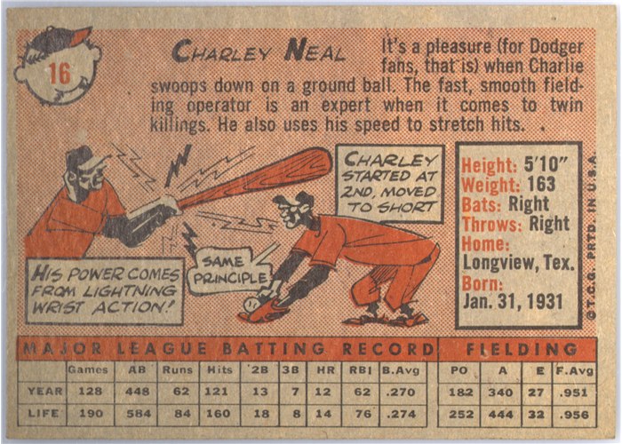 1958 Topps #16 Charlie Neal, Los Angeles Dodgers card back