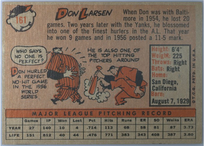 1958 Topps #161 Don Larsen, New York Yankees card back