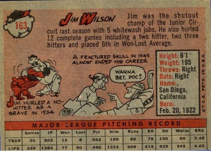 1958 Topps #163 Jim Wilson, Chicago White Sox card back