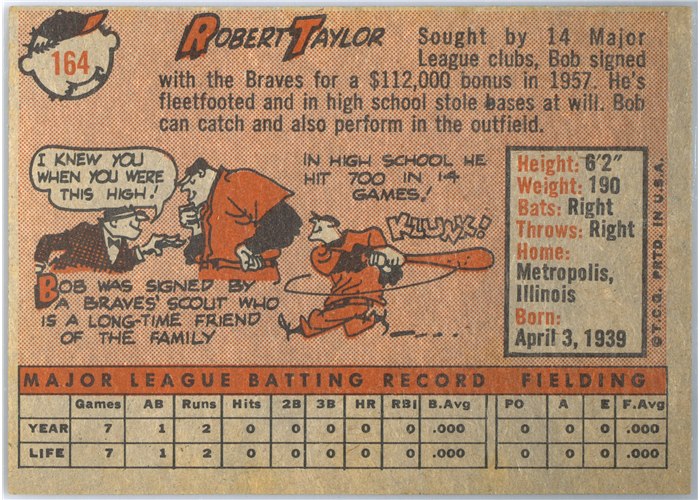 1958 Topps #164 Bob Taylor, Milwaukee Braves card back