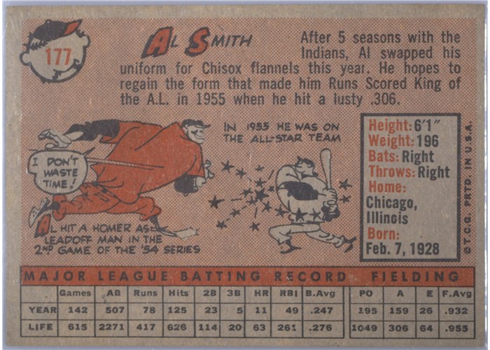 1958 Topps #177 Al Smith, Chicago White Sox card back