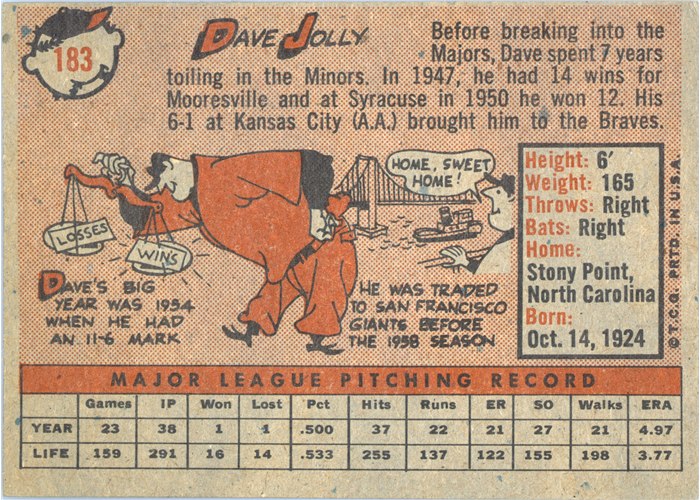 1958 Topps #183 Dave Jolly, San Francisco Giants card back