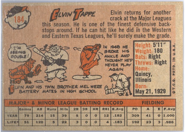 1958 Topps #184 Elvin Tappe, Chicago Cubs card back