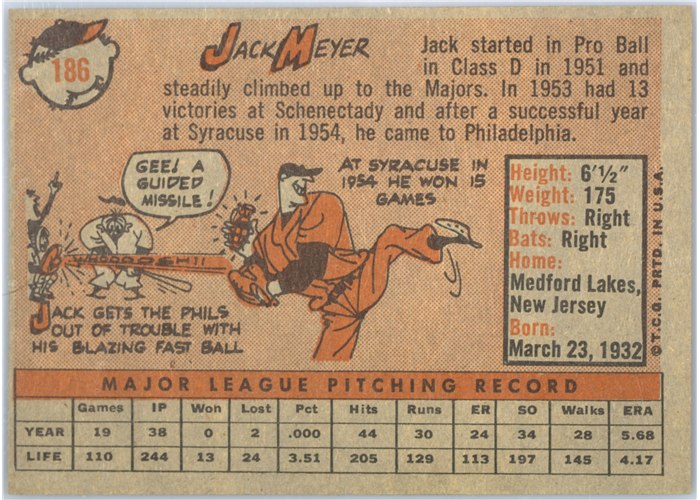 1958 Topps #186 Jack Meyer, Philadelphia Phillies card back