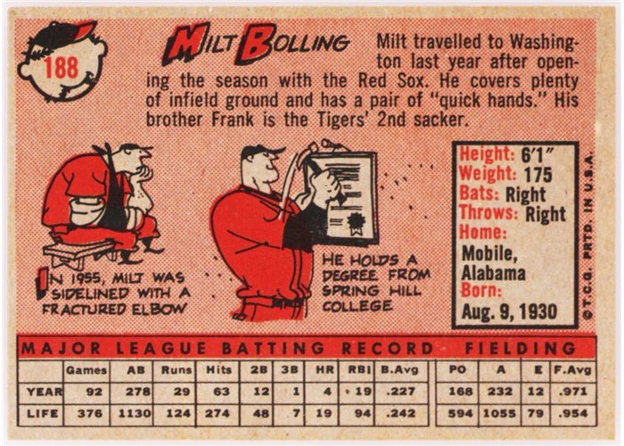 1958 Topps #188 Milt Bolling, Washington Senators card back