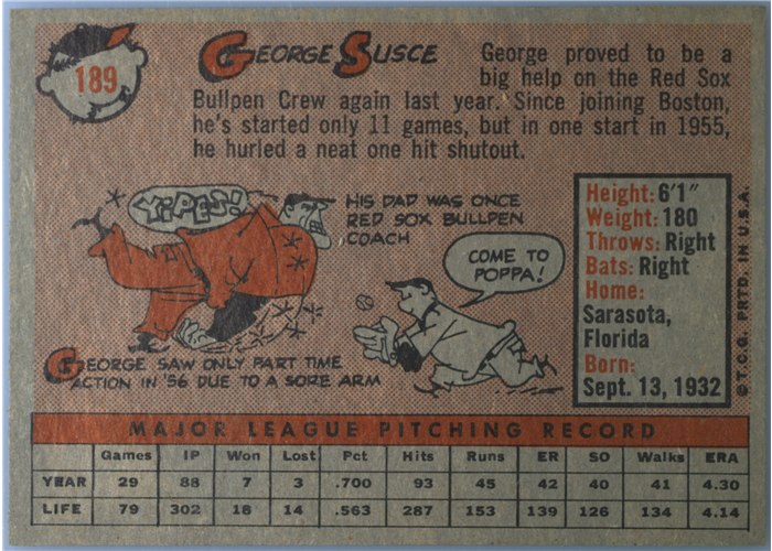 1958 Topps #189 George Susce, Boston Red Sox card back