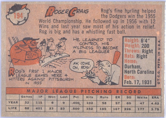 1958 Topps #194 Roger Craig, Los Angeles Dodgers card back