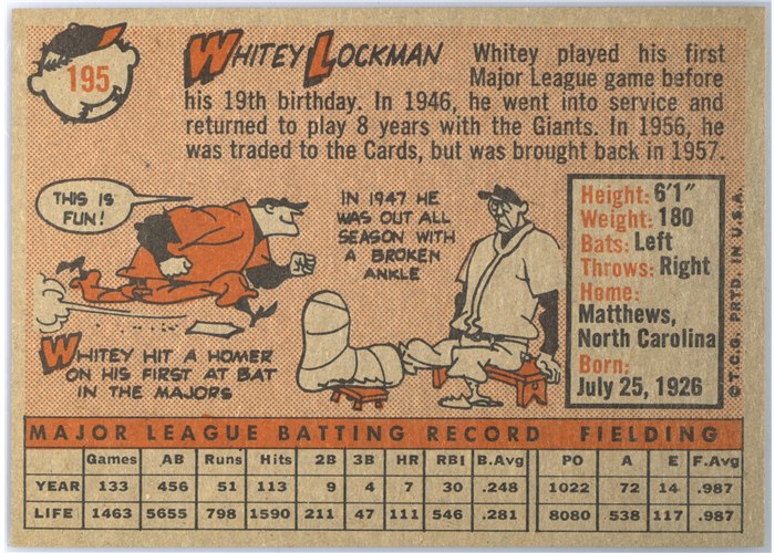 1958 Topps #195 Whitey Lockman, San Francisco Giants card back