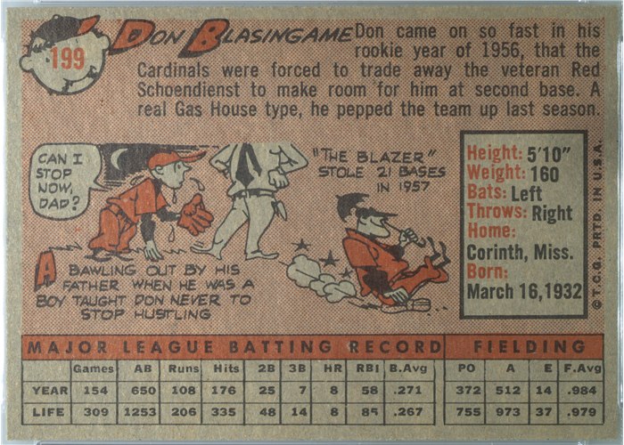 1958 Topps #199 Don Blasingame, St. Louis Cardinals card back