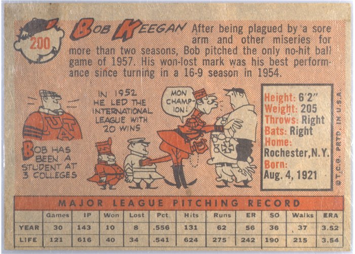 1958 Topps #200 Bob Keegan, Chicago White Sox card back