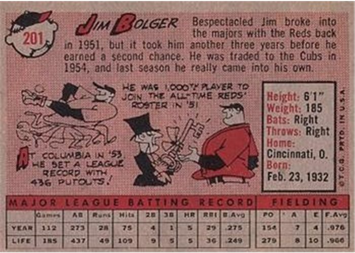 1958 Topps #201 Jim Bolger, Chicago Cubs card back