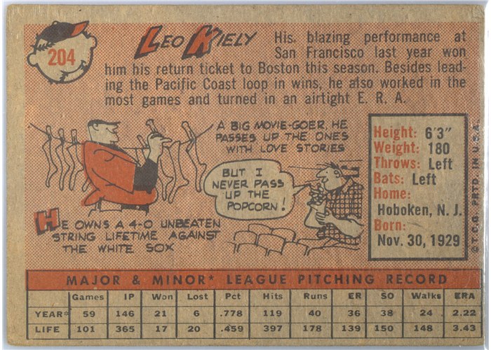 1958 Topps #204 Leo Kiely, Boston Red Sox card back