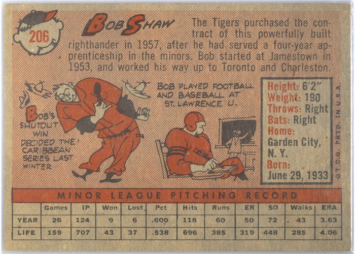 1958 Topps #206 Bob Shaw, Detroit Tigers card back