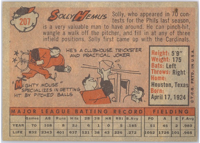 1958 Topps #207 Solly Hemus, Philadelphia Phillies card back