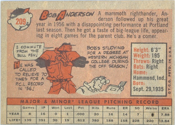 1958 Topps #209 Bob Anderson, Chicago Cubs card back