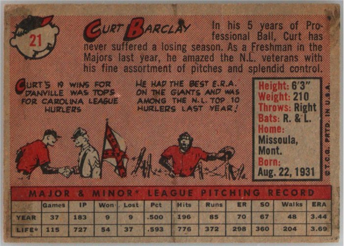 1958 Topps #21 Curt Barclay, San Francisco Giants card back