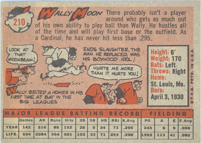 1958 Topps #210 Wally Moon, St. Louis Cardinals card back