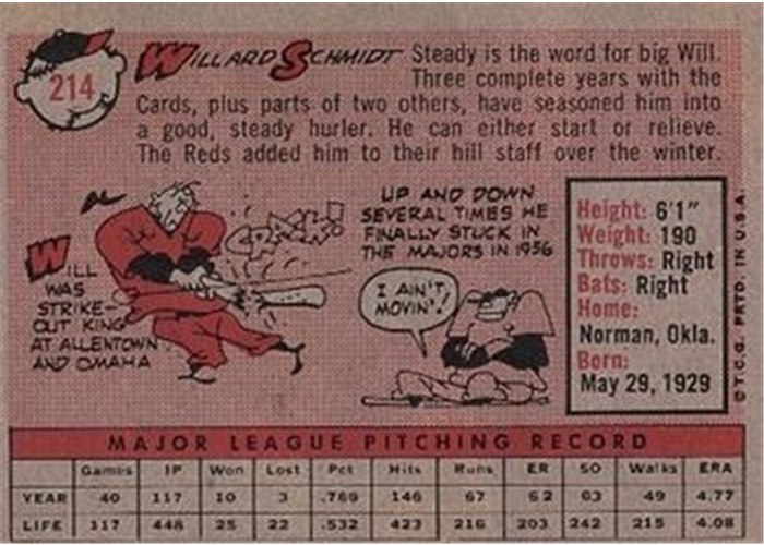1958 Topps #214 Willard Schmidt, Cincinnati Reds card back